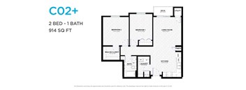 A floor plan for a CO2+ apartment with two bedrooms and one bathroom.