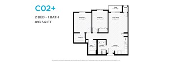 A floor plan for a CO2+ apartment with two bedrooms and one bathroom.