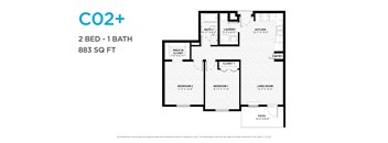 A floor plan for a CO2+ apartment with two bedrooms, one bathroom, and a living room.