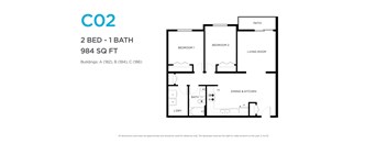 A floor plan for a 2 bedroom, 1 bathroom apartment sized at 984 square feet.