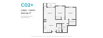 A floor plan for a CO2+ apartment with two bedrooms and one bathroom.