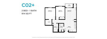 A floor plan for a CO2+ apartment with two bedrooms and one bathroom.
