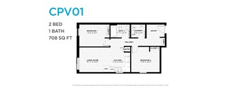 A floor plan for a 2 bedroom, 1 bathroom apartment is shown.