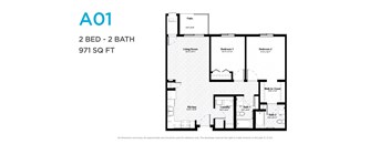 A floor plan for a 2 bedroom, 2 bathroom apartment.