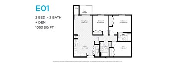 A floor plan for a 2 bedroom, 2 bathroom apartment with a den is shown.