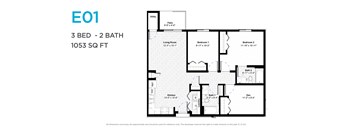 A floor plan for a 3 bedroom, 2 bathroom apartment sized at 1053 square feet.