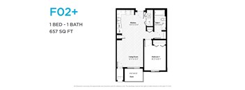 A floor plan for a one bedroom, one bathroom apartment that is 657 square feet.
