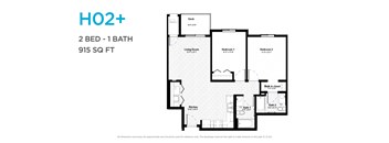 A floor plan for a 2 bedroom, 1 bathroom apartment that is 915 square feet.