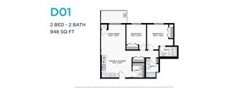 A floor plan of a 2 bedroom, 2 bathroom apartment sized at 948 square feet.