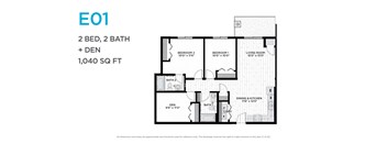 A floor plan for a 1,040 square foot home with two bedrooms, two bathrooms, and a den.