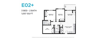 A floor plan for a 3 bedroom, 2 bathroom apartment sized at 1,057 square feet.