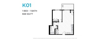 A floor plan for a 1 bedroom, 1 bathroom apartment that is 668 square feet.