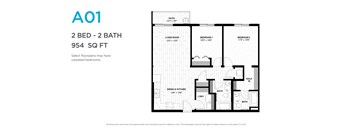 A floor plan for a 2 bedroom, 2 bathroom apartment sized at 954 square feet.