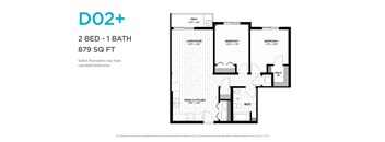A floor plan for a 2 bedroom, 1 bathroom apartment that is 879 square feet.