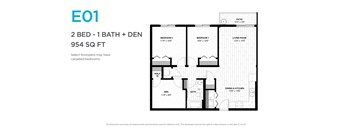 A floor plan for a 2 bedroom, 1 bathroom apartment is shown.