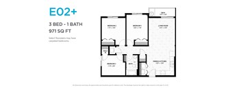 A black and white image of a floor plan for a 3 bedroom, 1 bathroom apartment.