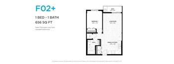 A floor plan for a 1 bedroom, 1 bathroom apartment sized at 656 square feet.