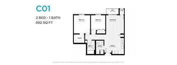 A floor plan for a 2 bedroom, 1 bathroom apartment sized at 892 square feet.