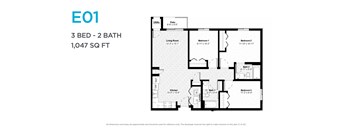 A floor plan for a 3 bedroom, 2 bathroom apartment sized at 1,047 square feet.