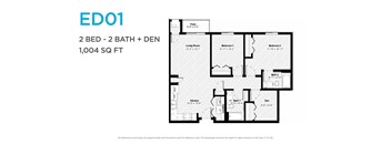 A floor plan for a 2 bedroom, 2 bathroom, and den apartment sized at 1,004 square feet.