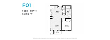 A floor plan of a one bedroom apartment with one bathroom. 651 square feet