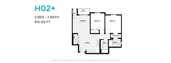 A floor plan for a 2 bedroom, 2 bathroom apartment sized at 915 square feet.