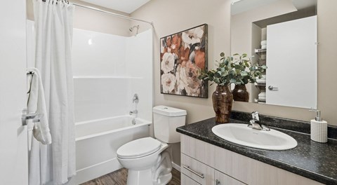 A bathroom with white sink, toilet and shower tub combo