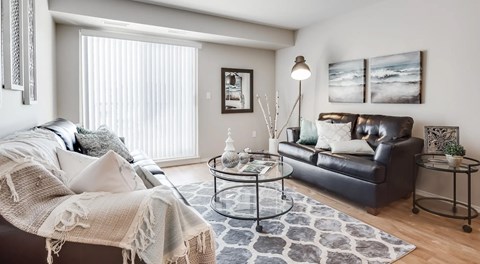 A living room with a couch, a chair, and a coffee table.