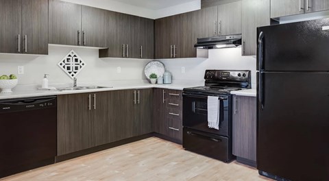 A modern kitchen with dark wood cabinets and black appliances