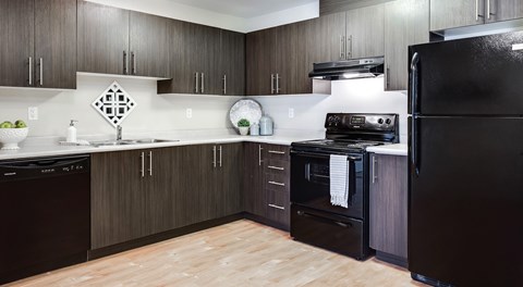 A modern kitchen with dark cabinets, light counter tops and black appliances