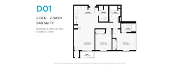 A floor plan for a 2 bedroom, 2 bathroom apartment sized at 948 square feet.