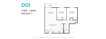 A floor plan for a 2 bedroom, 1 bathroom apartment is shown. 850 square feet