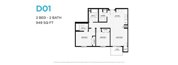 A floor plan for a 2 bedroom, 2 bathroom apartment sized at 949 square feet.