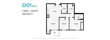 A floor plan of a 2 bedroom, 2 bathroom apartment sized at 959 square feet.