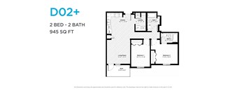 A floor plan for a DO2+ apartment with two bedrooms and two bathrooms sized at 945 square feet.