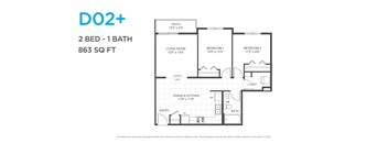 A floor plan for a 2 bedroom, 1 bathroom apartment that is 863 square feet.