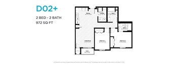 A floor plan for a 2 bedroom, 2 bathroom apartment sized at 972 square feet.