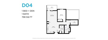 A floor plan for a one bedroom apartment with a den and bath is shown.