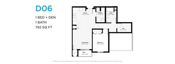 A floor plan for a one bedroom apartment with a den and a bath is shown.