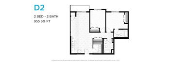 A floor plan of a 2 bedroom, 2 bathroom apartment that is 955 square feet.