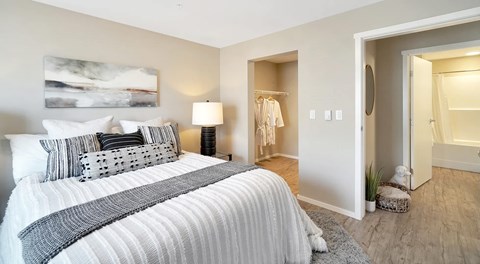 A bedroom with a large bed and walk in closet