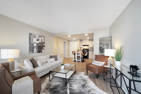 A modern living room with a white couch, a coffee table, and a rug.