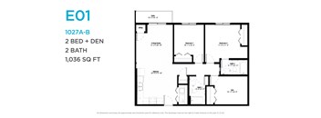 A floor plan for a 1,036 square foot home with two bedrooms and two bathrooms.