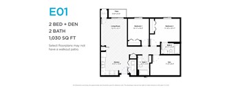 A floor plan for a 1,030 square foot home with two bedrooms and two bathrooms.