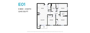 A floor plan of a 3 bedroom, 2 bathroom apartment sized at 1,045 square feet.