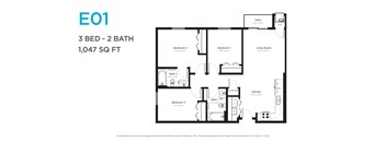 A floor plan of a 3 bedroom, 2 bathroom apartment.