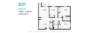 A floor plan for a 3 bedroom, 2 bathroom apartment sized at 1,030 square feet.