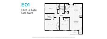 A floor plan for a 3 bedroom, 2 bathroom apartment sized at 1,039 square feet.