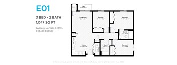 A floor plan for a 3 bedroom, 2 bathroom apartment sized at 1,047 square feet.