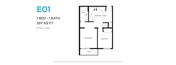 A floor plan of a one bedroom apartment with a bathroom, living room, and bedroom.